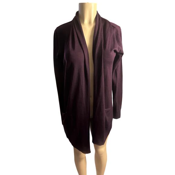 Women M Aritzia Wilfred Purple Cardigan Sweater 100% Wool Open Drape Front - Picture 2 of 7